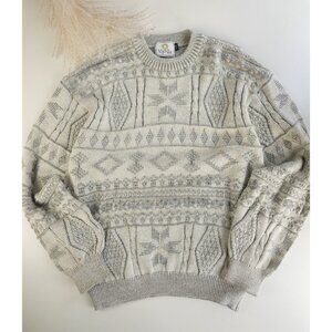 Vintage neutral Nordic pattern wool knit sweater men's, women's/ oversize jumper